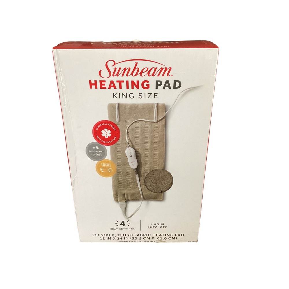 Sunbeam King Size Heating Pad 12x24 Flexible Plush Fabric 4 Heat Settings Tan